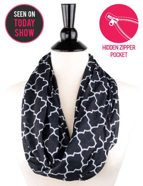 Women's Infinity Scarf with Zipper Pocket, Infinity Scarves with Quatrefoil Patterned Scarf Design & Hidden Zipper Pocket