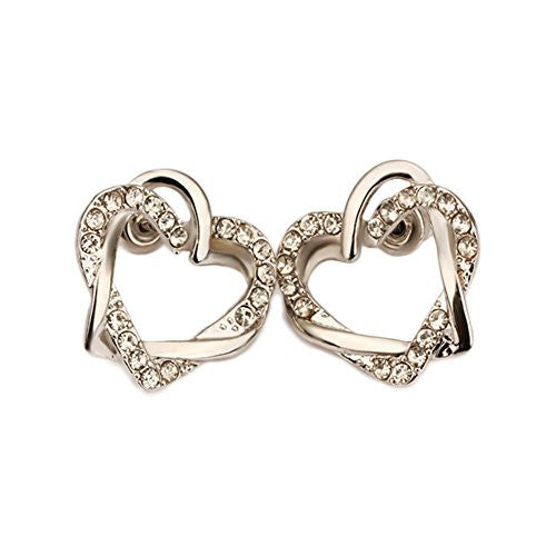 Silvertone Interlocking Open Dual Heart Duo Earrings with Cubic Zirconia Stones - Pop Fashion