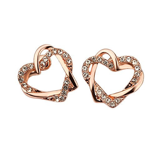 Rose Gold Plated Interlocking Open Dual Heart Duo Earrings with Cubic Zirconia Stones - Pop Fashion