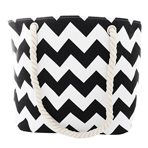 Pop Fashion Women's Top Handle Canvas Tote Bag with Chevron Print and Double Rope Handles (Black)