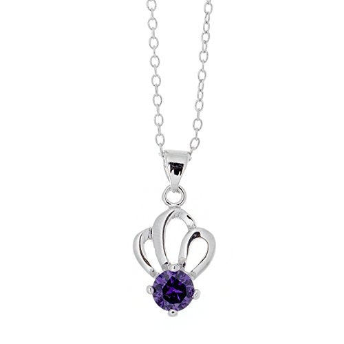 Silvertone CZ Pendant Necklace with Shell Crown Design - Purple Stone - Pop Fashion
