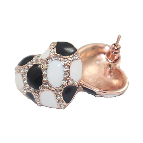 Heart Stud Earrings with Studded CZ Diamond Pattern - Rose Gold Plated with Black and White - Pop Fashion