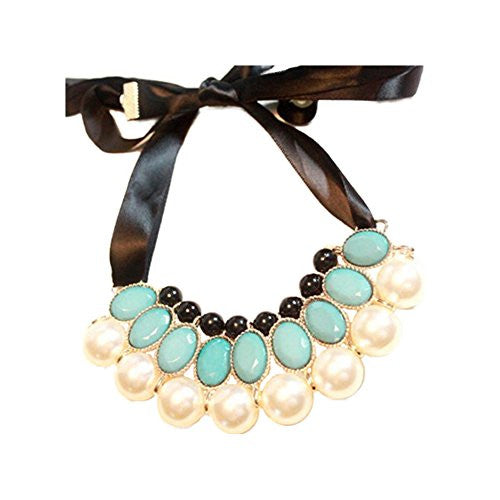 Satin Ribbon Necklace with Gem Beads and Faux Pearls - Teal&Pearl - Pop Fashion