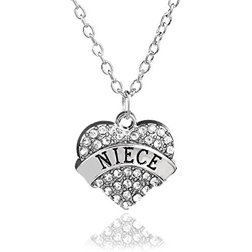 Niece Pendant Necklace in Silvertone with White Rhinestones- Charm Heart Necklace for Niece - Pop Fashion