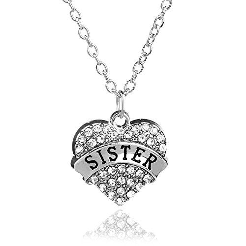 Sister Pendant Necklace in Silvertone with White Rhinestones - Charm Heart Necklace for Sister - Pop Fashion