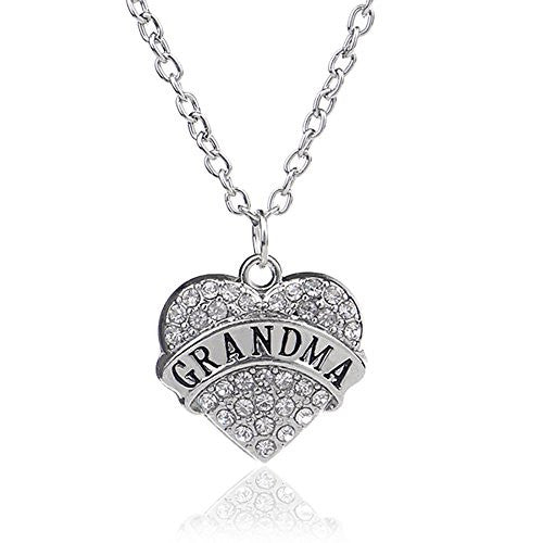 Grandma Pendant Necklace in Silvertone with White Rhinestones - Charm Heart Necklace for Grandma - Pop Fashion