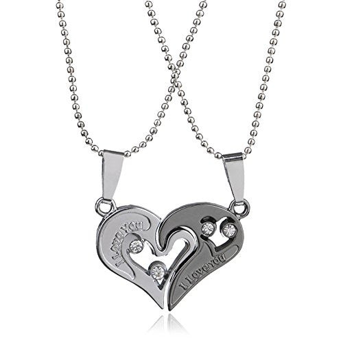 I Love you Necklace, Silvertone Heart Symbol with two piece Split Pendant Necklace - Pop Fashion