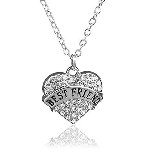 Best Friend Necklace - Pendant Necklace in Silvertone with White Rhinestones - Charm Heart Necklace - Pop Fashion