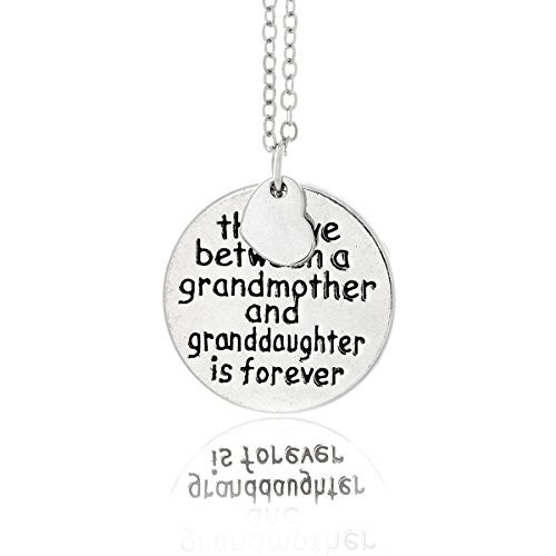 Antique Silvertone Circle Pendant Necklace with Engraved Grandmother&Granddaughter Message - Pop Fashion