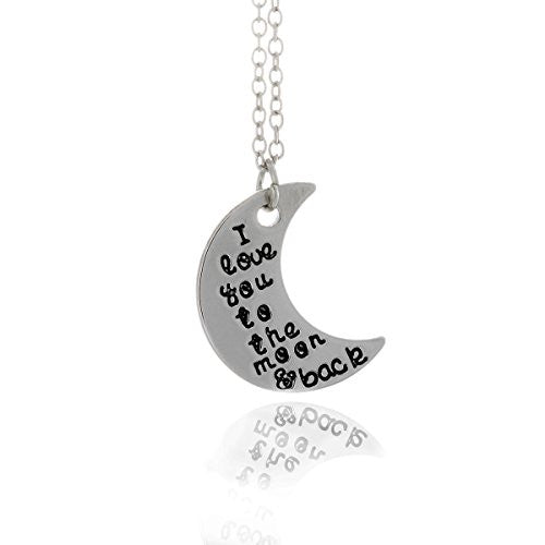I love you to the moon and back silvertone Necklace with engraved message on crescent moon- Pop Fashion