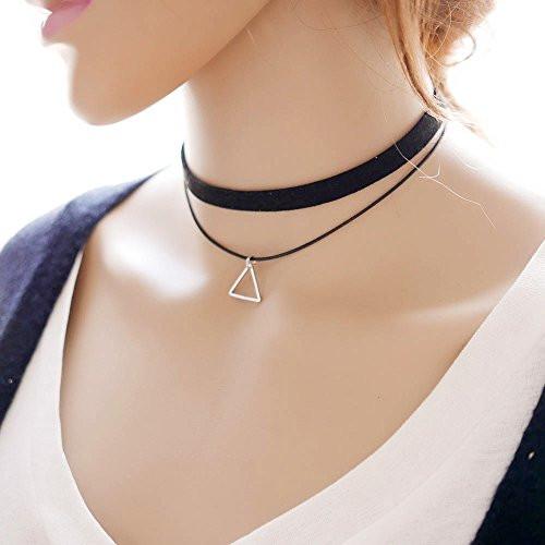 Classic Black Velvet Layered Choker Necklace with Triangle Charm - Pop Fashion