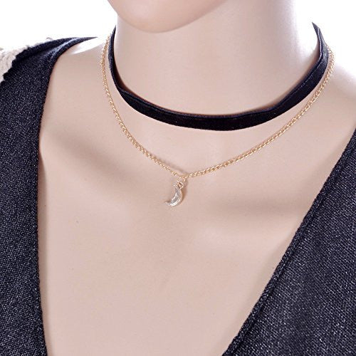 Black Velvet Choker Necklace with Gold Chain and Layered Charm - Pop Fashion