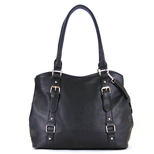 Pop Fashion Womens Casual Trendy Double Buckle Purse Handbag Tote Bag (Black)