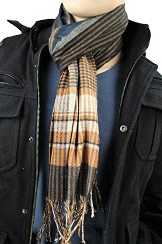 Mens Plaid Woven Scarves with Soft Cashmere Like Feel (Navy/Tan/Brown)