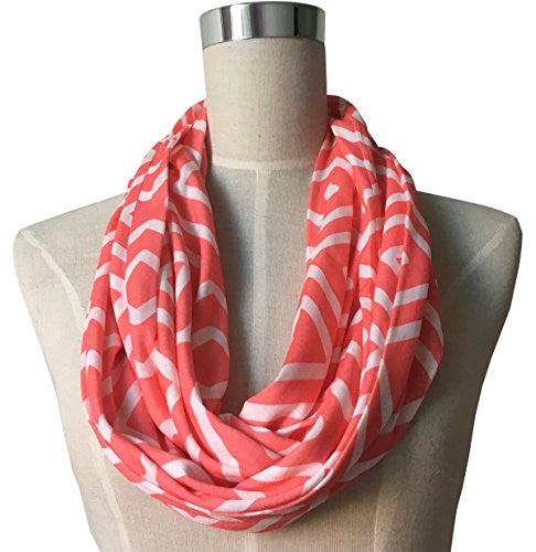 Womens Square Inside of Square Pattern Scarf w/ Zipper Pocket - Pop Fashion (Coral)