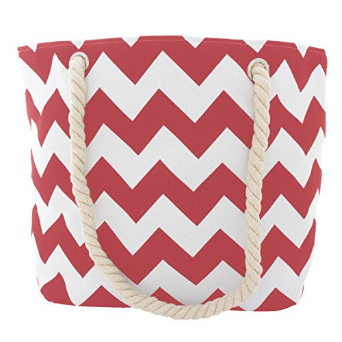Pop Fashion Women's Top Handle Canvas Tote Bag with Chevron Print and Double Rope Handles (Red)