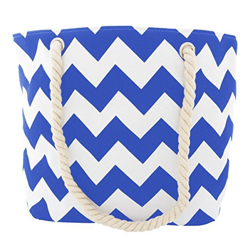 Pop Fashion Women's Top Handle Canvas Tote Bag with Chevron Print and Double Rope Handles (Blue)