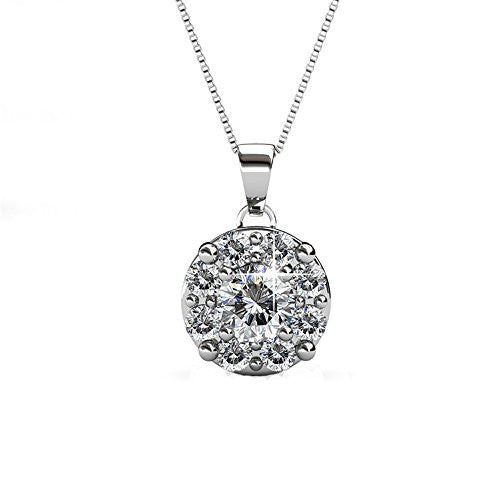 18K White Gold Swarovski Elements Necklace with Center Round Stone and Pave Surround