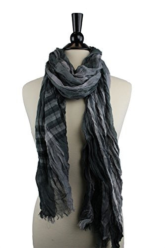 Pop Fashion Women's Long Tissue Scarf with Frayed Design and Scrunch Texture (Grey with Stripes)