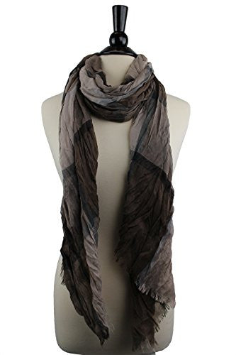 Pop Fashion Women's Long Tissue Scarf with Frayed Design and Scrunch Texture (Light Brown and Dark Brown)