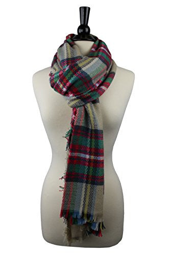 Pop Fashion Women's Oversized Blanket Scarf with Ultra Soft Feel and Plaid Printed Design (Red, Green, Tan)