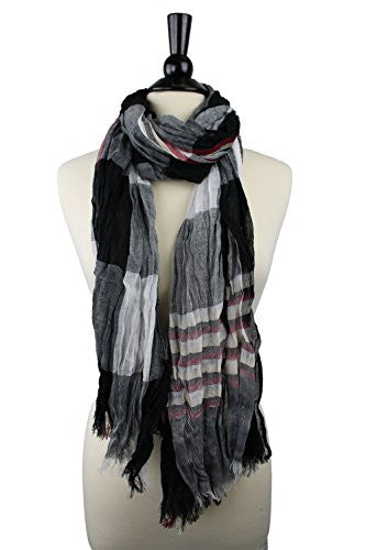 Pop Fashion Women's Long Tissue Scarf with Frayed Design and Scrunch Texture (Black, White, Red, Cream)