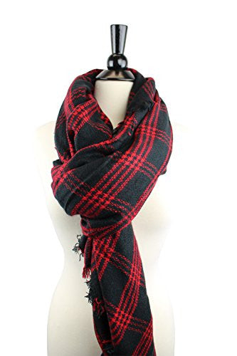 Pop Fashion Women's Oversized Blanket Scarf with Ultra Soft Feel and Plaid Printed Design (Red, Black)